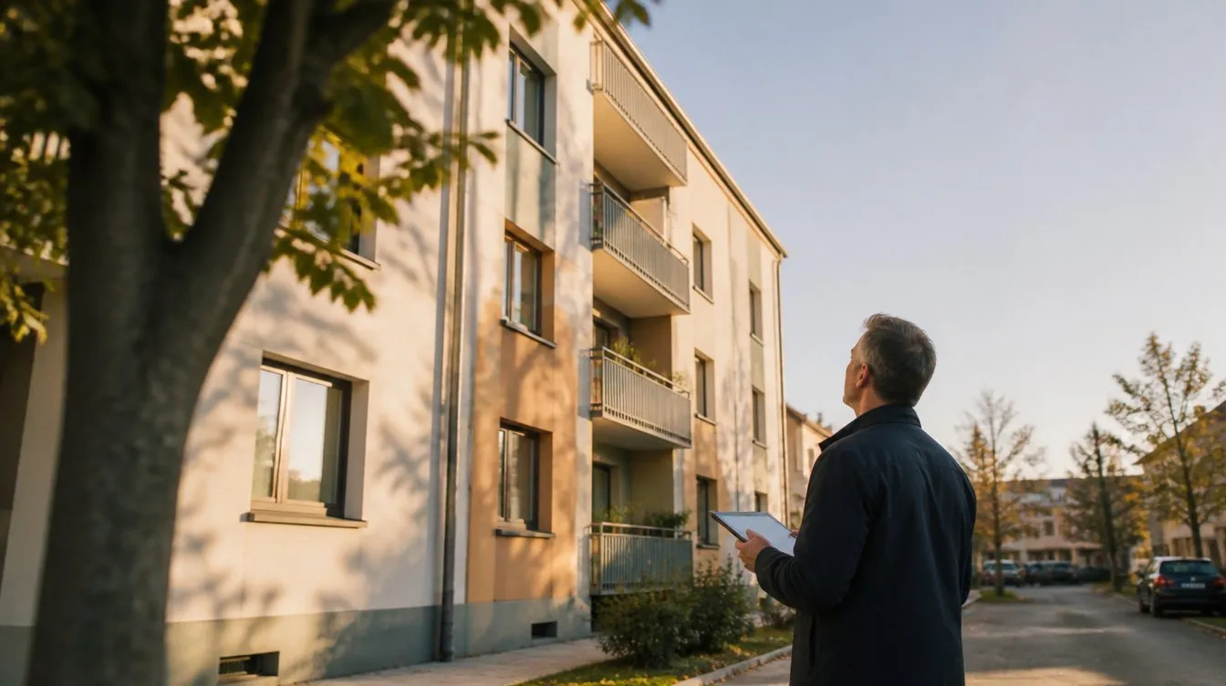 Hausfassade mit Baugerüst, davor der Gehweg einer Wohnstraße