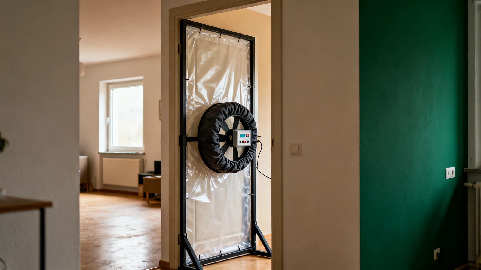 Blower-Door-Messgebläse mit Folienrahmen in einer Türöffnung, Blick aus dem Wohnraum