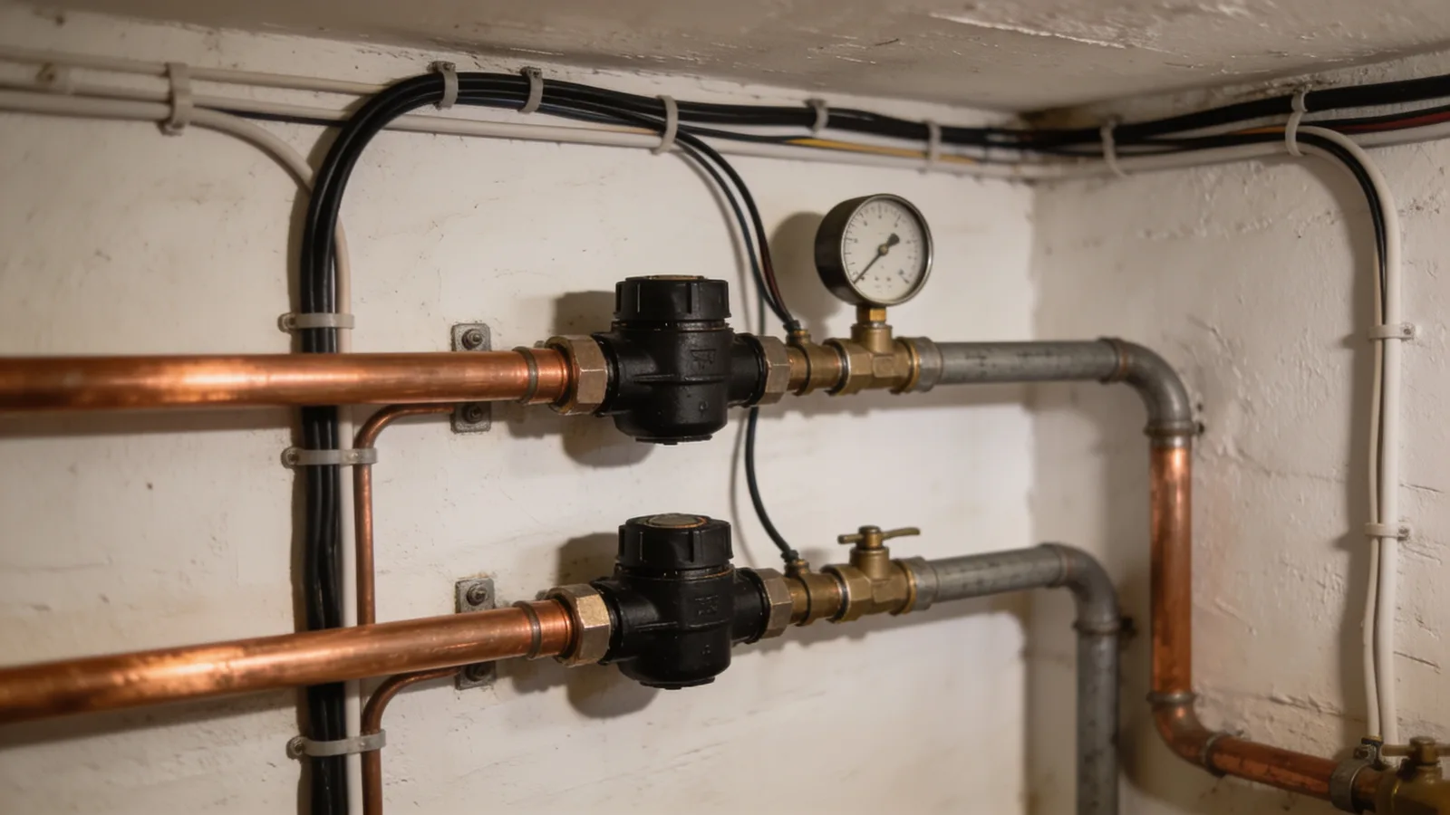 Kupferrohre mit Abgleichventilen und Manometer an einer Kellerwand