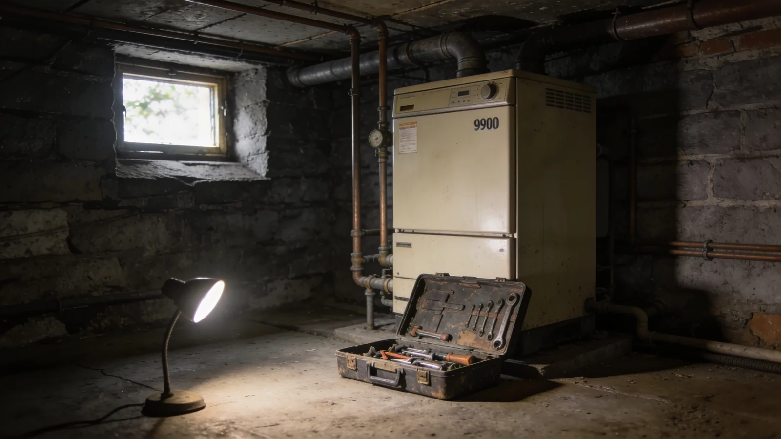 Alter Gaskessel im Keller, davor ein geöffneter Werkzeugkoffer im Licht einer Arbeitslampe