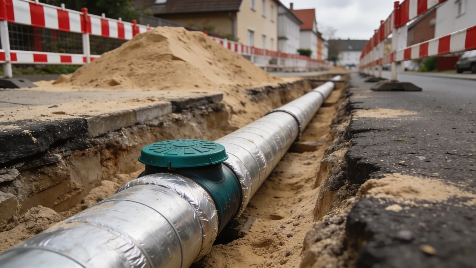 Gedämmte Fernwärmerohre in einem offenen Graben entlang einer Wohnstraße
