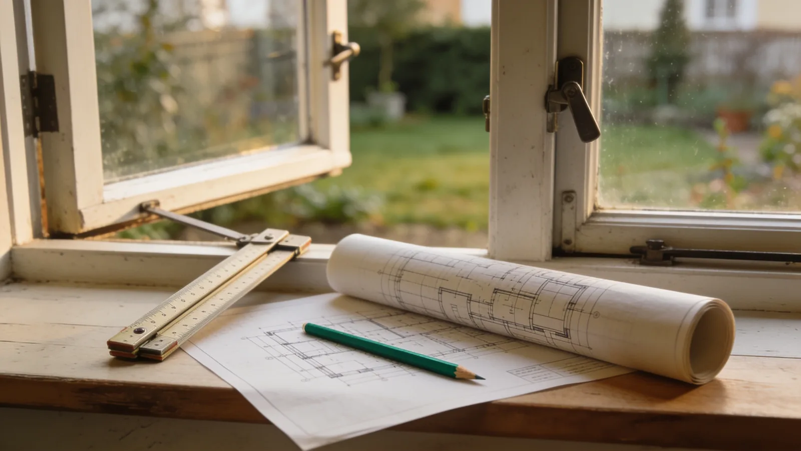 Zollstock, Bleistift und aufgerollter Bauplan auf einer Fensterbank im Morgenlicht