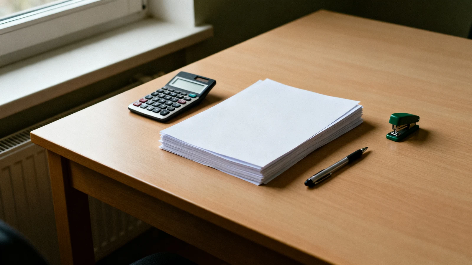 Schreibtisch mit Papierstapel, Taschenrechner, Kugelschreiber und Hefter am Fenster