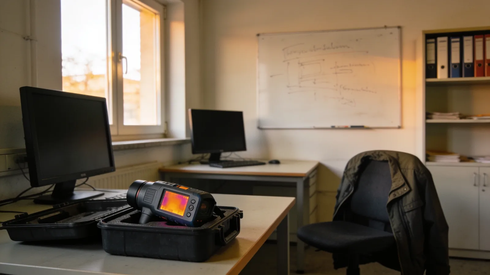 Kleines Ingenieurbüro mit zwei Schreibtischen, Whiteboard und geöffnetem Koffer einer Wärmebildkamera