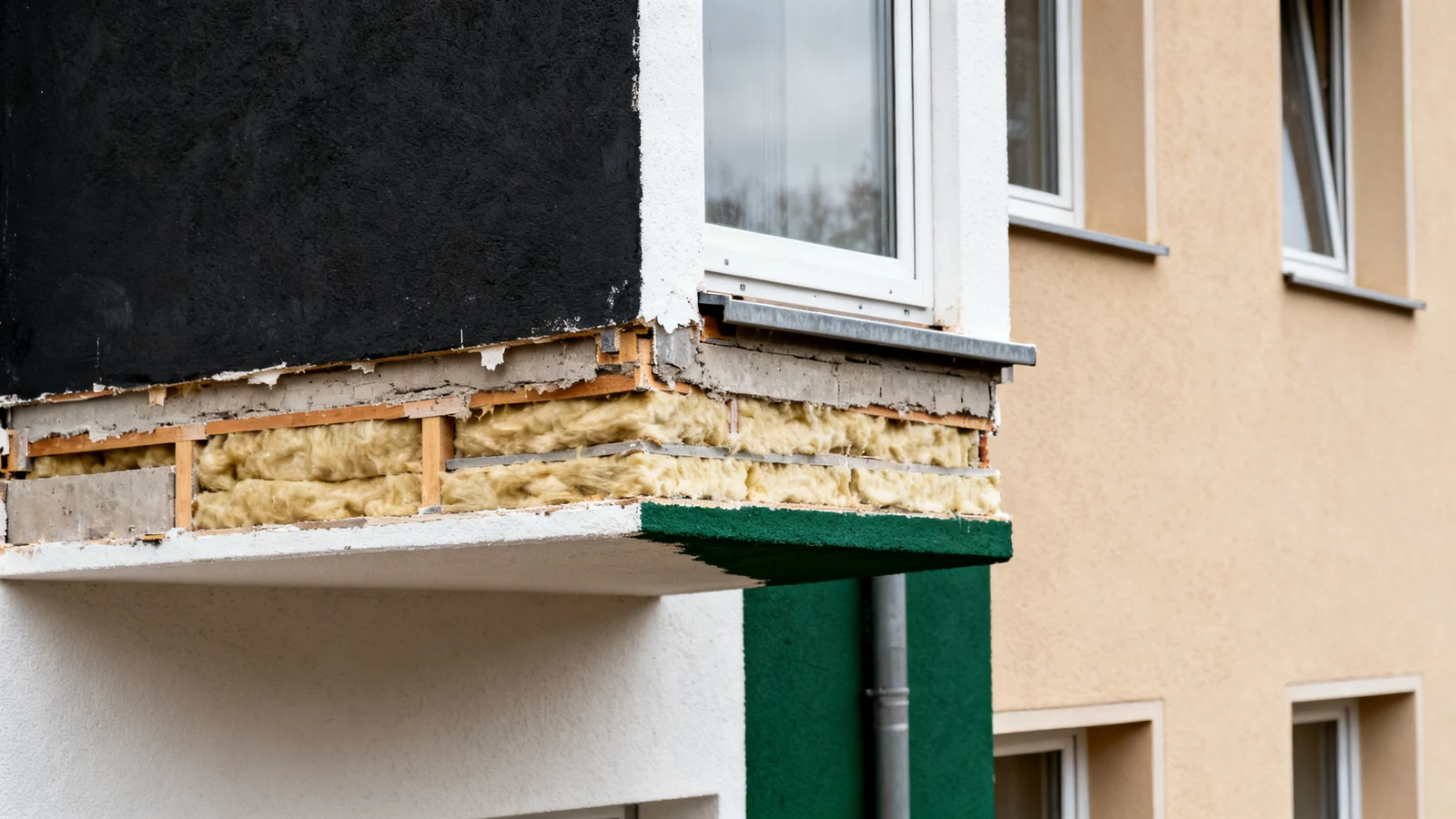Balkonanschluss im Detail mit sichtbarer Dämmschicht zwischen Fassade und Fensterlaibung