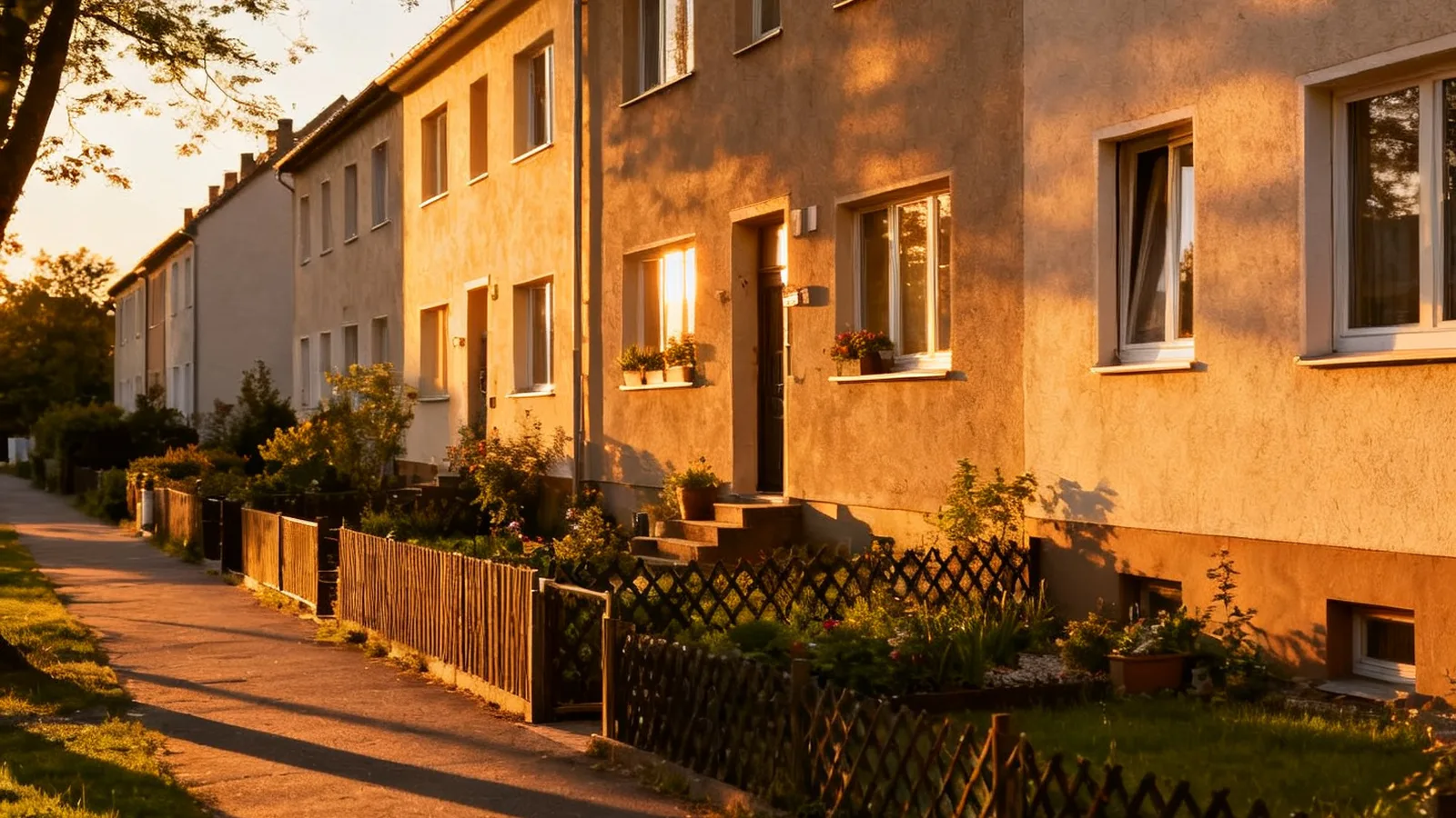 Reihenhäuser der 1950er mit langen Abendschatten