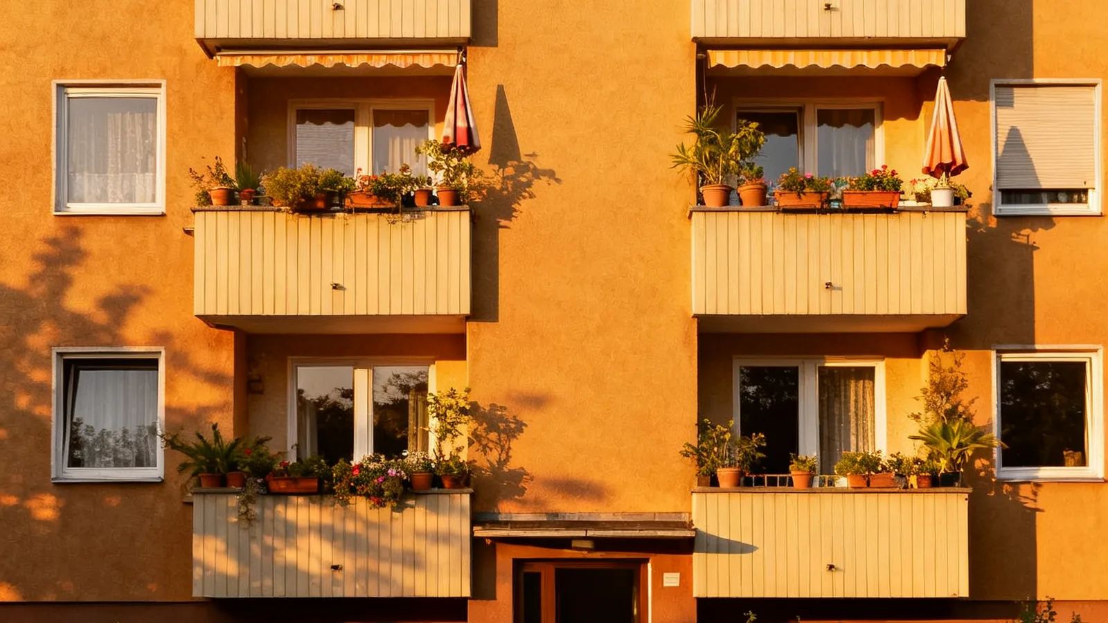 Wohnblock der 1970er mit bepflanzten Balkonen im Abendlicht