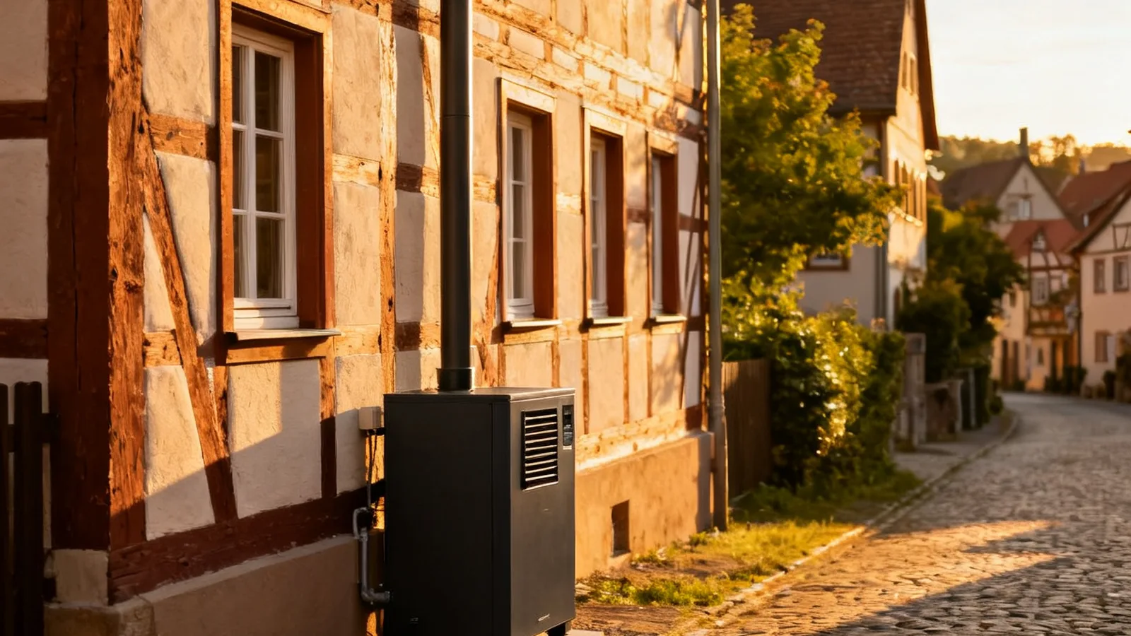 Fachwerkhaus mit moderner Wärmepumpe an der Kopfsteinpflastergasse