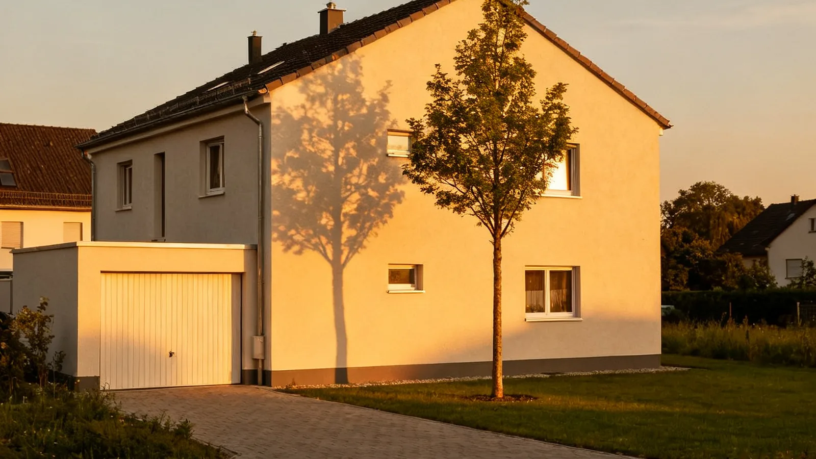 Neueres Doppelhaus mit junger Baumreihe im Abendlicht