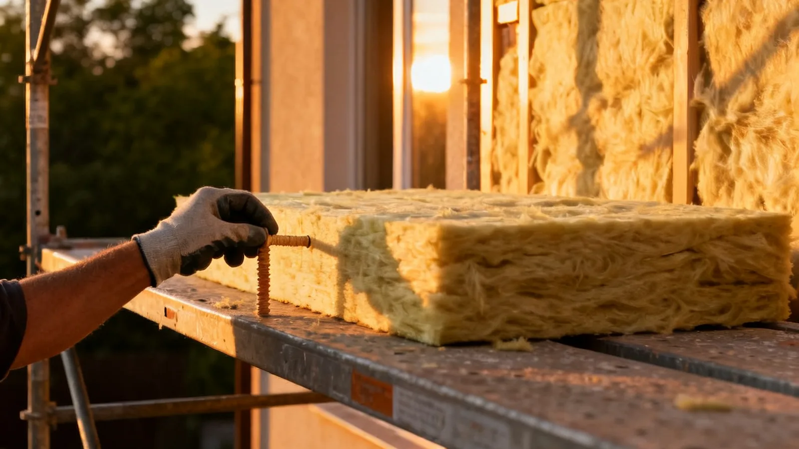 Behandschuhte Hand setzt auf einem Gerüst eine Dämmplatte an die Fassade, Abendlicht