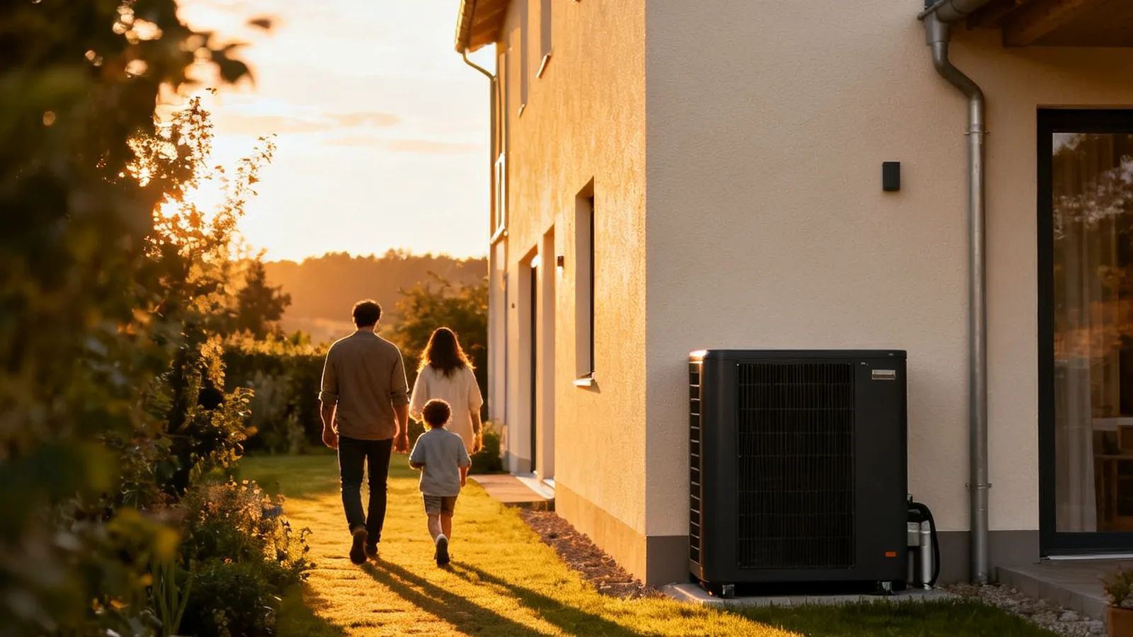 Ein Erwachsener und ein Kind gehen von hinten auf ein Haus mit Wärmepumpen-Außengerät zu, Abendlicht