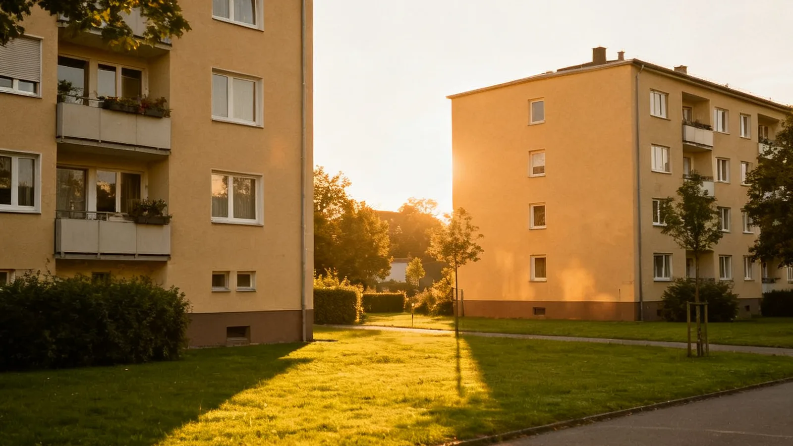 Zwei gepflegte Mehrfamilienhäuser mit grünen Vorflächen im Abendlicht