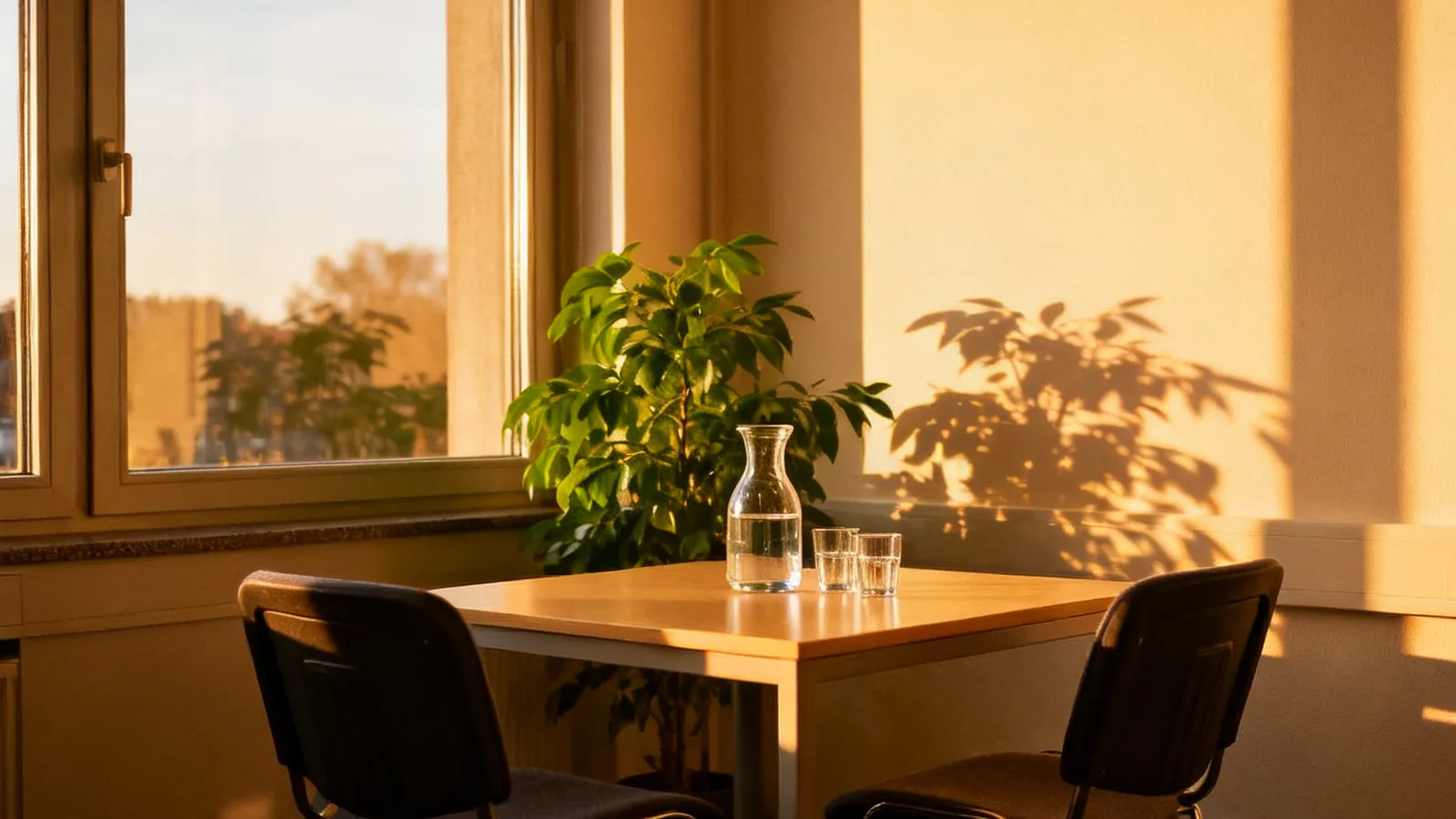 Besprechungsecke mit Wasserkaraffe im warmen Abendlicht am Fenster