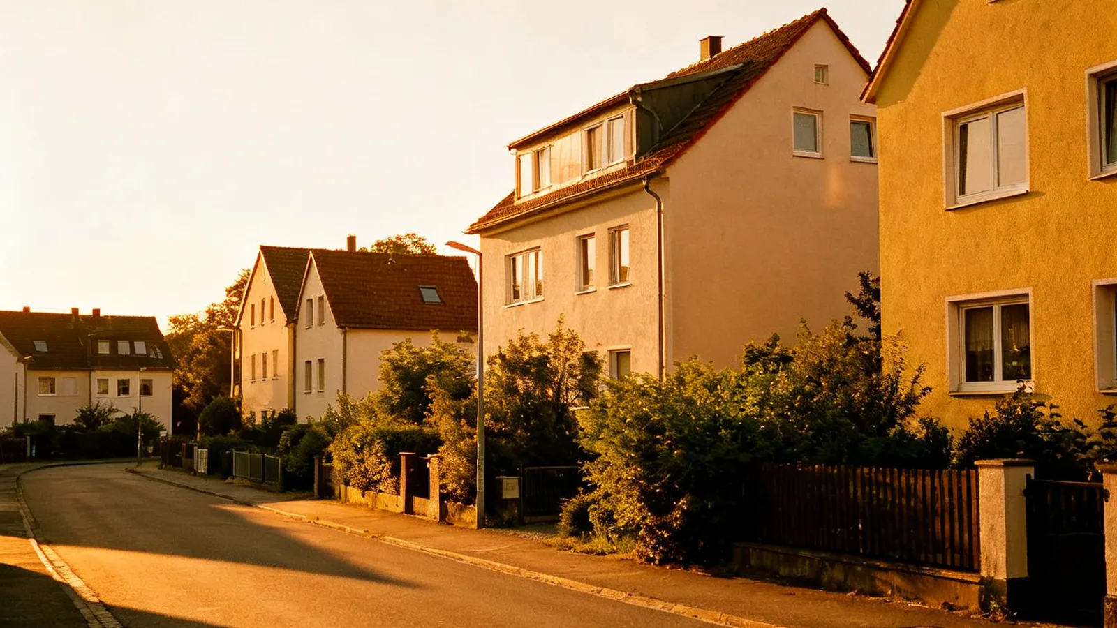 Wohnstraße mit Häusern verschiedener Baujahrzehnte im Abendlicht