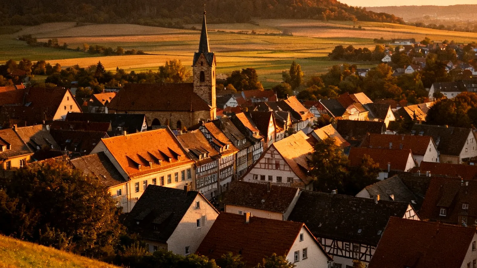 Blick über eine fränkische Kleinstadt mit Kirchturm im Abendlicht