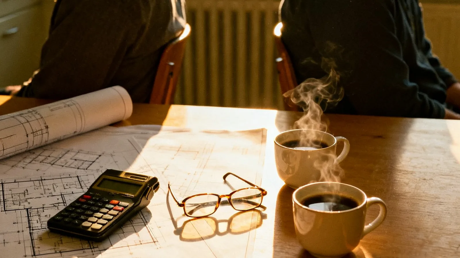 Küchentisch mit Bauplänen, Taschenrechner und Kaffee im Nachmittagslicht