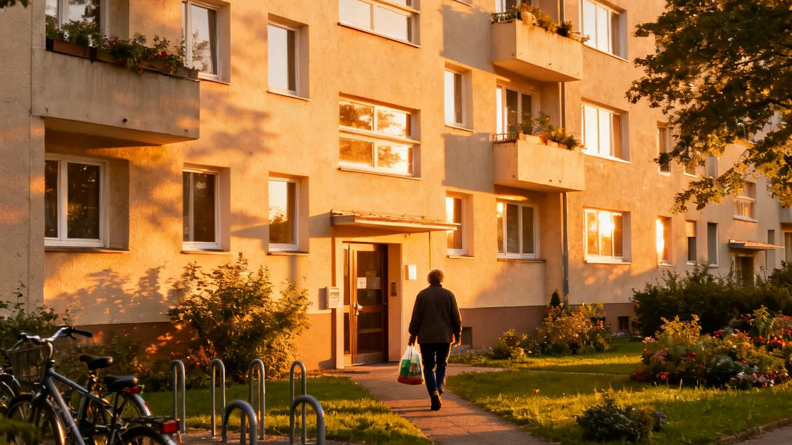 Gepflegtes Mehrfamilienhaus im Abendlicht, ein Bewohner geht zum Eingang