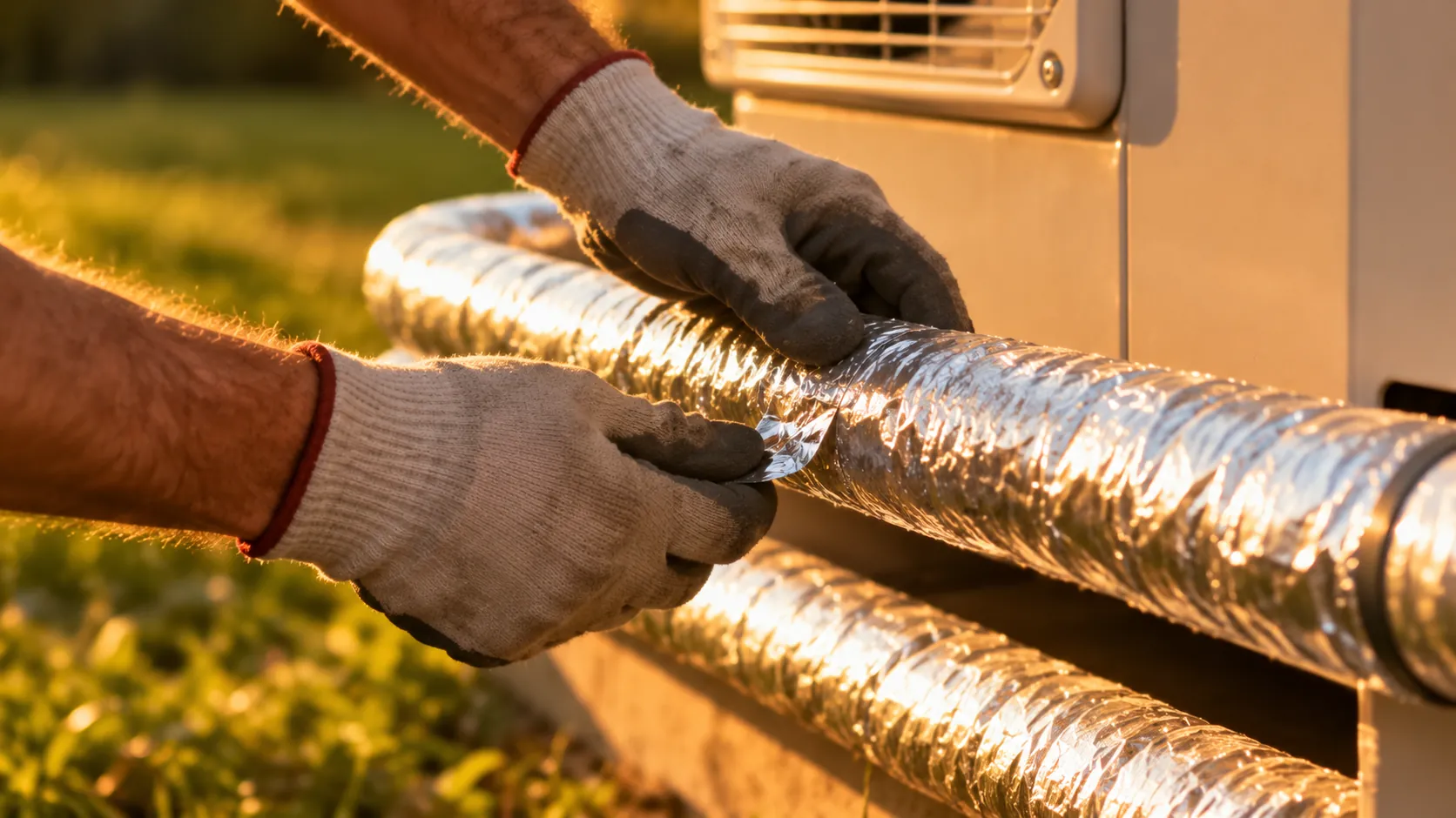 Behandschuhte Hände ummanteln die Leitungen einer Wärmepumpe mit Dämmung, Abendlicht