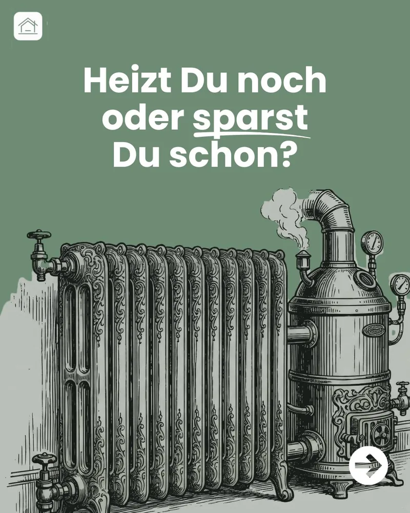 Grafik mit der Frage „Heizt Du noch oder sparst Du schon?“ über der Zeichnung eines alten gusseisernen Heizkörpers.
